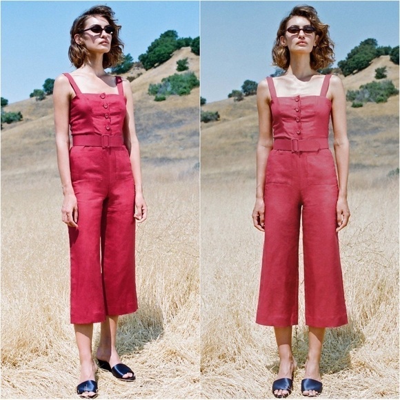 STAUD Pants - Staud Jumpsuit Sleeveless Cropped 100% Ramie Red 0